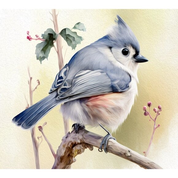 8x8 Or 8x10 Tufted Titmouse on a Limb Watercolor Oil Painting Print‎ - Picture 1 of 4